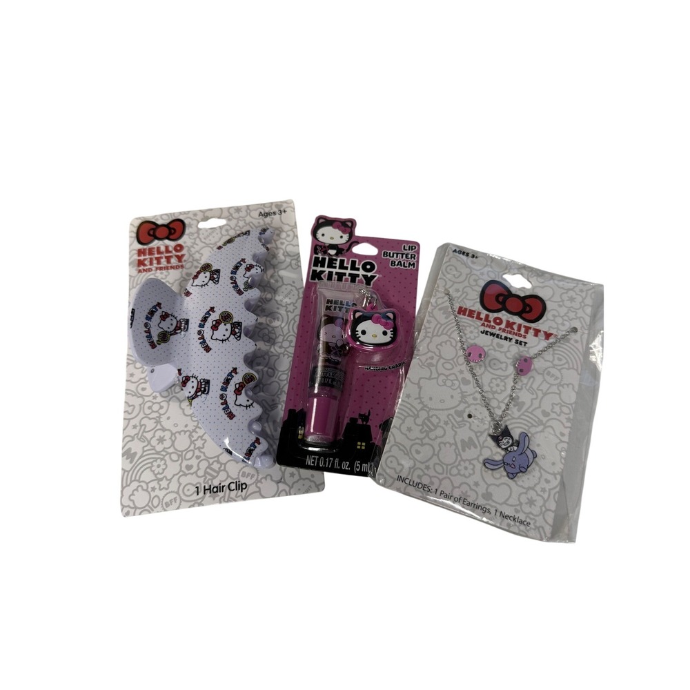 Sanrio Kuromi Hello Kitty Hair Clip Lip Balm Jewelry Accessory Gift Bundle NEW